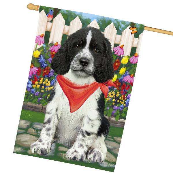 Spring Floral Springer Spaniel Dog House Flag Outdoor Decorative Double Sided Pet Portrait Weather Resistant Premium Quality Animal Printed Home Decorative Flags 100% Polyester FLG69434