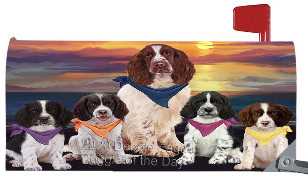 Family Sunset Portrait Springer Spaniel Dogs Magnetic Mailbox Cover Both Sides Pet Theme Printed Decorative Letter Box Wrap Case Postbox Thick Magnetic Vinyl Material