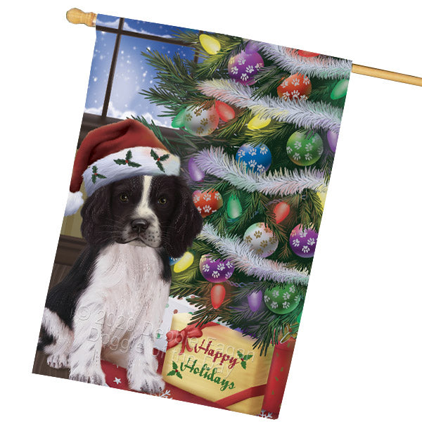 Christmas Tree and Presents Springer Spaniel Dog House Flag Outdoor Decorative Double Sided Pet Portrait Weather Resistant Premium Quality Animal Printed Home Decorative Flags 100% Polyester FLG69167