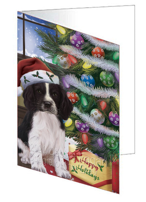 Christmas Tree and Presents Springer Spaniel Dog Handmade Artwork Assorted Pets Greeting Cards and Note Cards with Envelopes for All Occasions and Holiday Seasons