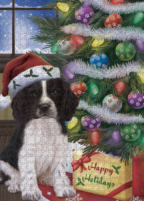 Christmas Tree and Presents Springer Spaniel Dog Portrait Jigsaw Puzzle for Adults Animal Interlocking Puzzle Game Unique Gift for Dog Lover's with Metal Tin Box PZL634