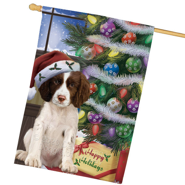 Christmas Tree and Presents Springer Spaniel Dog House Flag Outdoor Decorative Double Sided Pet Portrait Weather Resistant Premium Quality Animal Printed Home Decorative Flags 100% Polyester FLG69168