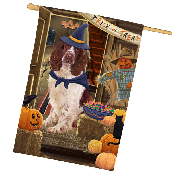 Enter at Your Own Risk Halloween Trick or Treat Springer Spaniel Dogs House Flag Outdoor Decorative Double Sided Pet Portrait Weather Resistant Premium Quality Animal Printed Home Decorative Flags 100% Polyester FLG69065