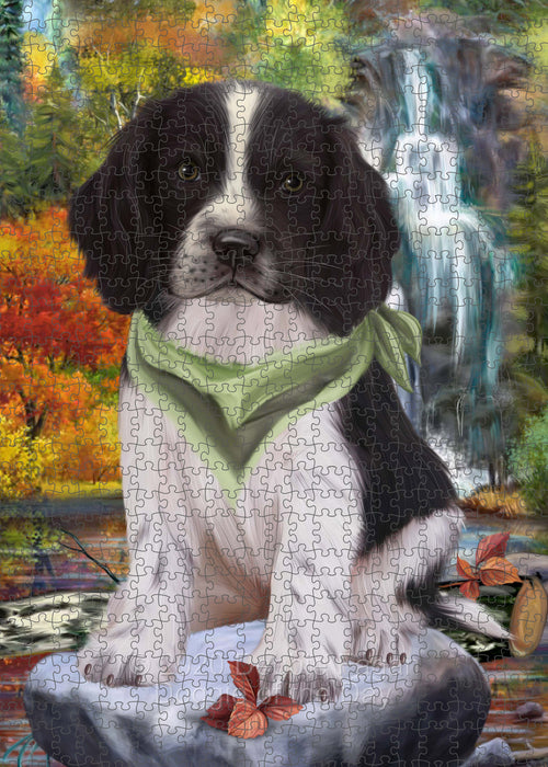 Scenic Waterfall Springer Spaniel Dog Portrait Jigsaw Puzzle for Adults Animal Interlocking Puzzle Game Unique Gift for Dog Lover's with Metal Tin Box PZL685