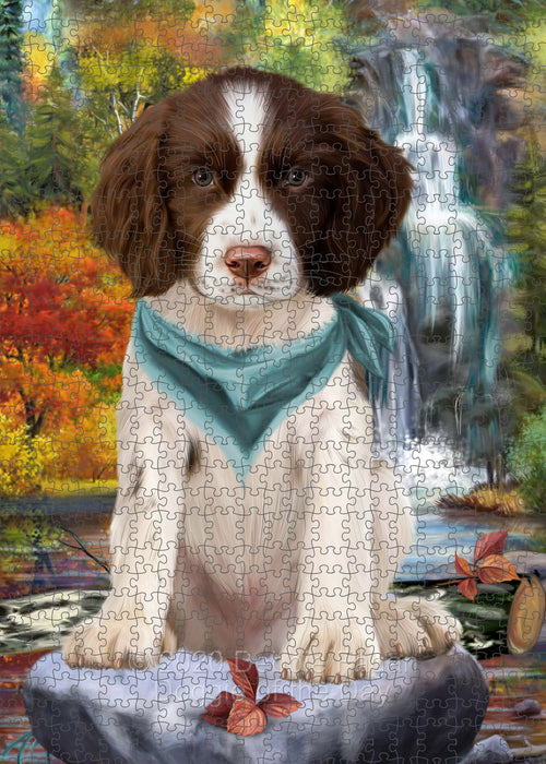 Scenic Waterfall Springer Spaniel Dog Portrait Jigsaw Puzzle for Adults Animal Interlocking Puzzle Game Unique Gift for Dog Lover's with Metal Tin Box PZL686