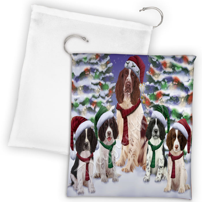 Springer Spaniel Dogs Christmas Family Portrait in Holiday Scenic Background Drawstring Laundry or Gift Bag LGB48181