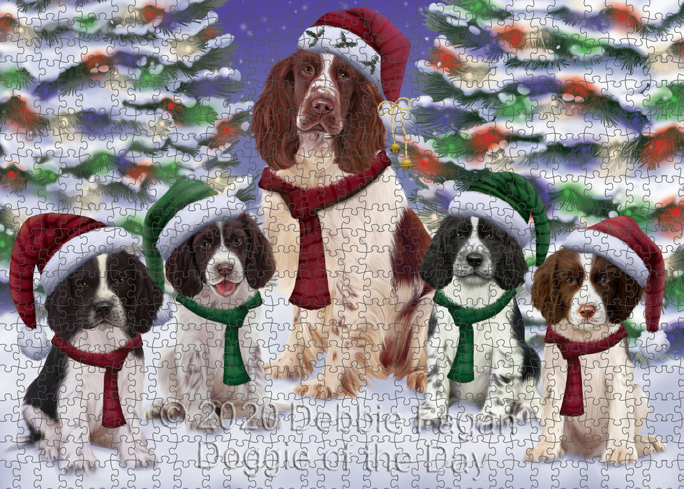 Christmas Happy Holidays Springer Spaniel Dogs Family Portrait Portrait Jigsaw Puzzle for Adults Animal Interlocking Puzzle Game Unique Gift for Dog Lover's with Metal Tin Box