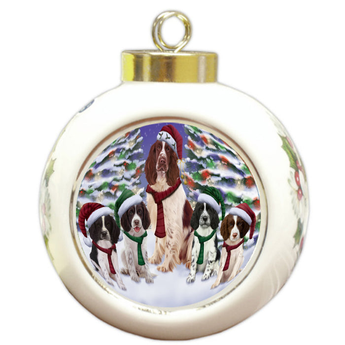 Christmas Happy Holidays Springer Spaniel Dogs Family Portrait Round Ball Christmas Ornament Pet Decorative Hanging Ornaments for Christmas X-mas Tree Decorations - 3" Round Ceramic Ornament