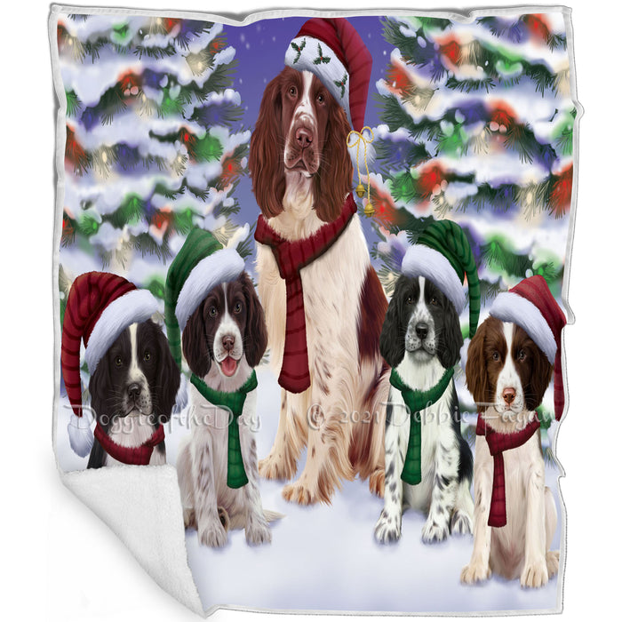 Springer Spaniel Dogs Christmas Family Portrait in Holiday Scenic Background Blanket BLNKT143272