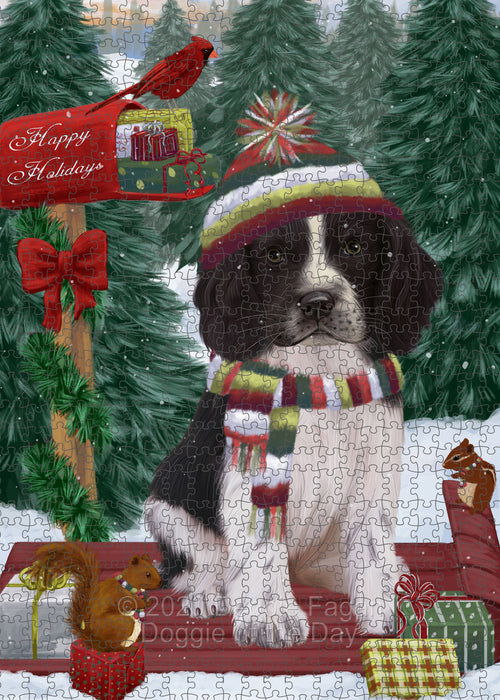 Christmas Woodland Sled Springer Spaniel Dog Portrait Jigsaw Puzzle for Adults Animal Interlocking Puzzle Game Unique Gift for Dog Lover's with Metal Tin Box PZL902