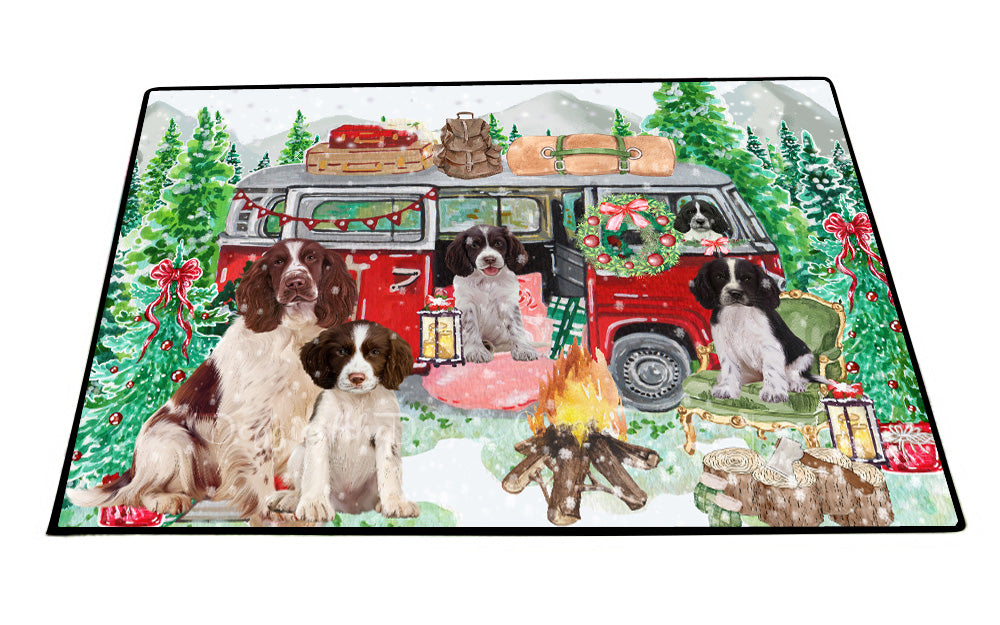 Christmas Time Camping with Springer Spaniel Dogs Floor Mat- Anti-Slip Pet Door Mat Indoor Outdoor Front Rug Mats for Home Outside Entrance Pets Portrait Unique Rug Washable Premium Quality Mat