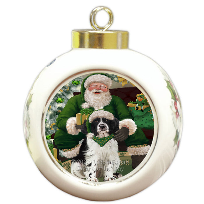 Christmas Irish Santa with Gift and Springer Spaniel Dog Round Ball Christmas Ornament RBPOR57972