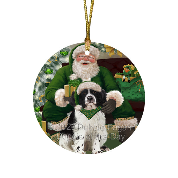 Christmas Irish Santa with Gift and Springer Spaniel Dog Round Flat Christmas Ornament RFPOR57972