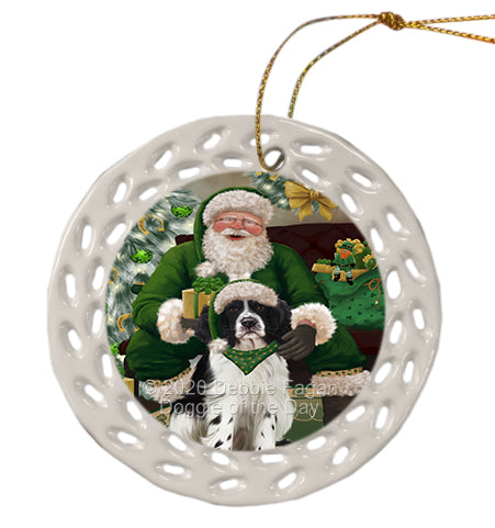 Christmas Irish Santa with Gift and Springer Spaniel Dog Doily Ornament DPOR59534