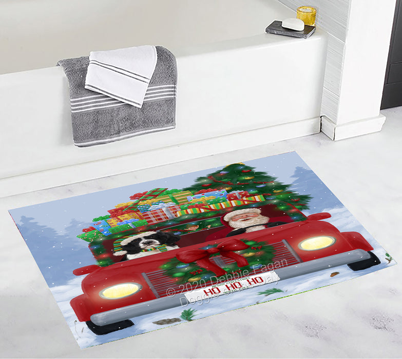 Christmas Honk Honk Red Truck Here Comes with Santa and Springer Spaniel Dog Bath Mat BRUG53878