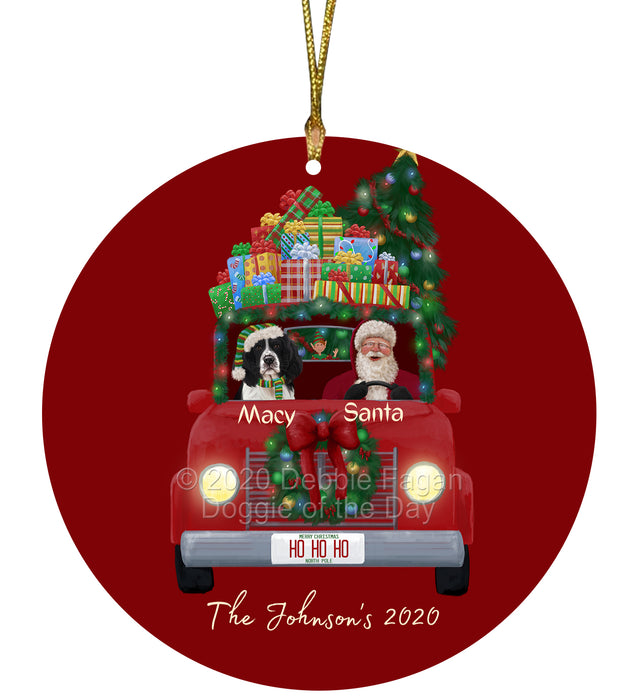 Personalized Christmas Honk Honk Red Truck Here Comes with Santa and Springer Spaniel Dog Round Flat Ornament PRBPOR59122