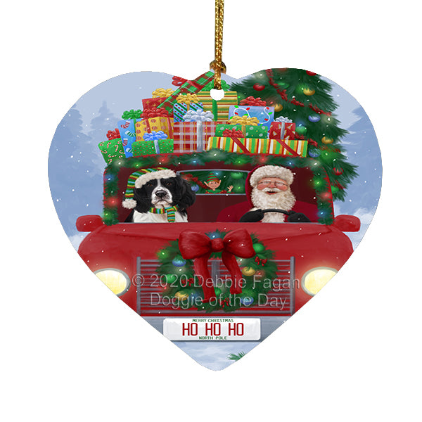 Christmas Honk Honk Red Truck Here Comes with Santa and Springer Spaniel Dog Heart Christmas Ornament RFPOR58216