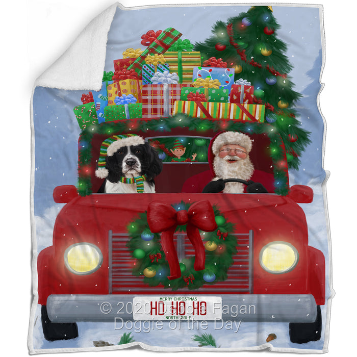 Christmas Honk Honk Red Truck Here Comes with Santa and Springer Spaniel Dog Blanket BLNKT141078