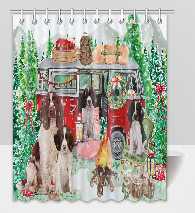 Christmas Time Camping with Springer Spaniel Dogs Shower Curtain Pet Painting Bathtub Curtain Waterproof Polyester One-Side Printing Decor Bath Tub Curtain for Bathroom with Hooks