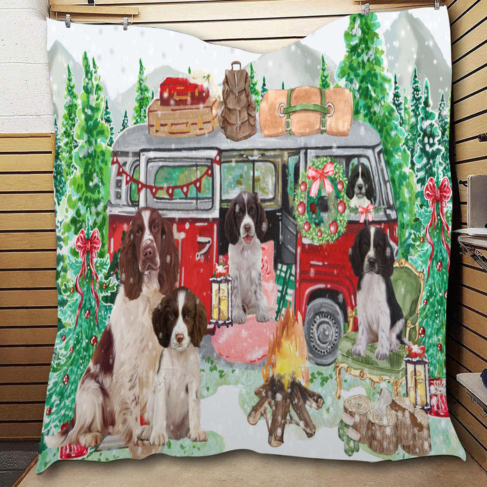 Christmas Time Camping with Springer Spaniel Dogs  Quilt Bed Coverlet Bedspread - Pets Comforter Unique One-side Animal Printing - Soft Lightweight Durable Washable Polyester Quilt