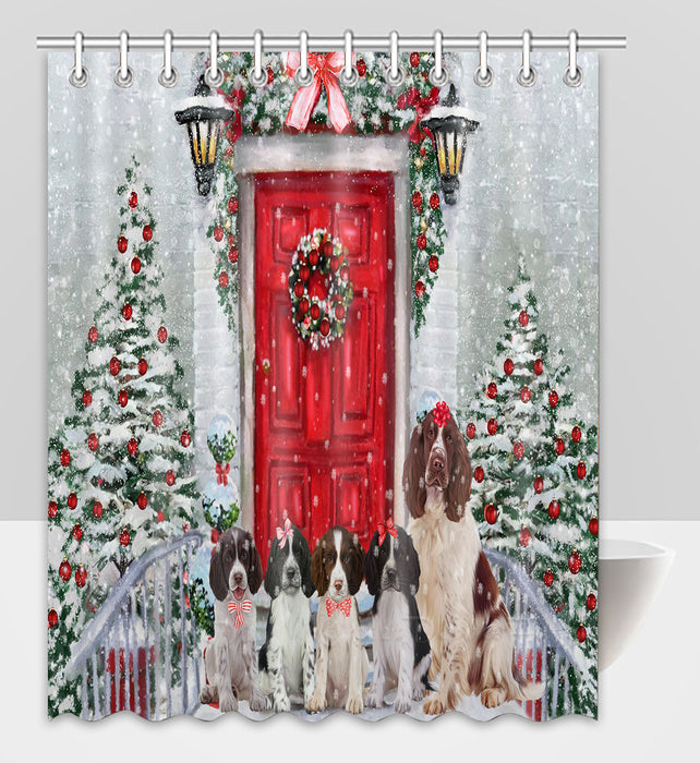 Christmas Holiday Welcome Springer Spaniel Dogs Shower Curtain Pet Painting Bathtub Curtain Waterproof Polyester One-Side Printing Decor Bath Tub Curtain for Bathroom with Hooks