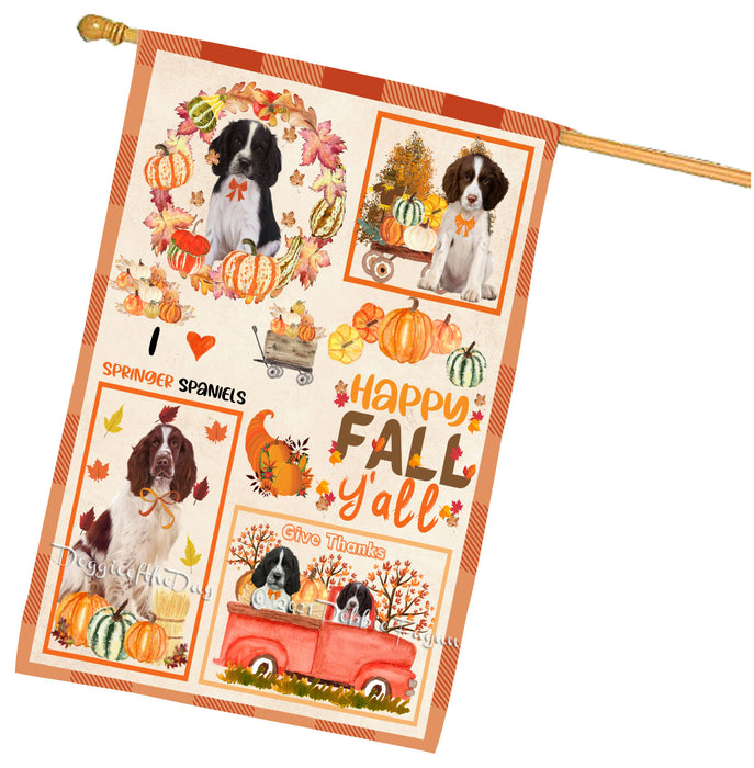 Happy Fall Y'all Pumpkin Springer Spaniel Dogs House Flag Outdoor Decorative Double Sided Pet Portrait Weather Resistant Premium Quality Animal Printed Home Decorative Flags 100% Polyester