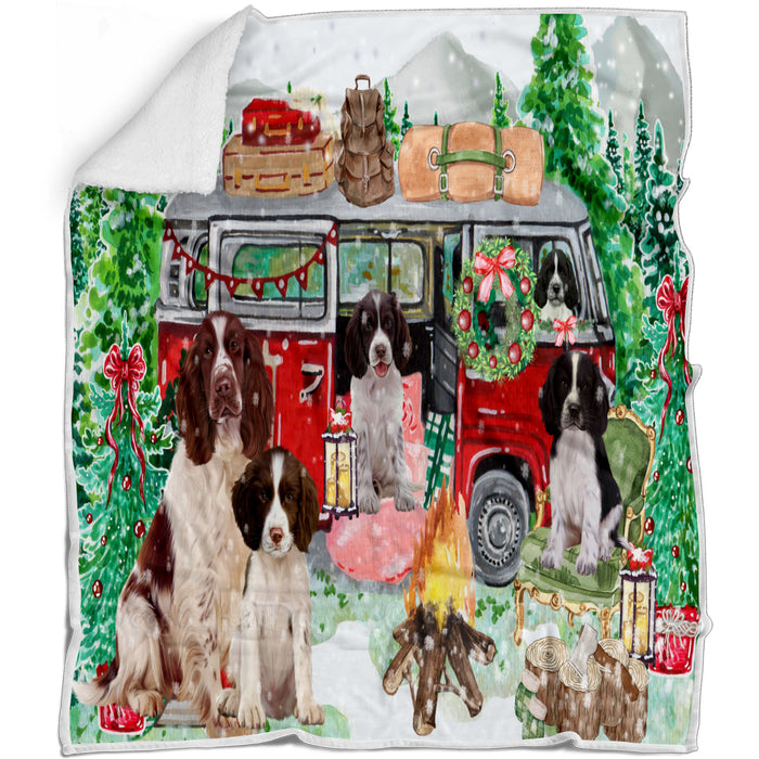 Christmas Time Camping with Springer Spaniel Dogs Blanket - Lightweight Soft Cozy and Durable Bed Blanket - Animal Theme Fuzzy Blanket for Sofa Couch