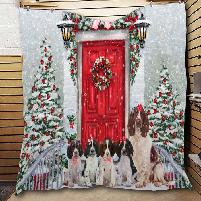 Christmas Holiday Welcome Springer Spaniel Dogs  Quilt Bed Coverlet Bedspread - Pets Comforter Unique One-side Animal Printing - Soft Lightweight Durable Washable Polyester Quilt