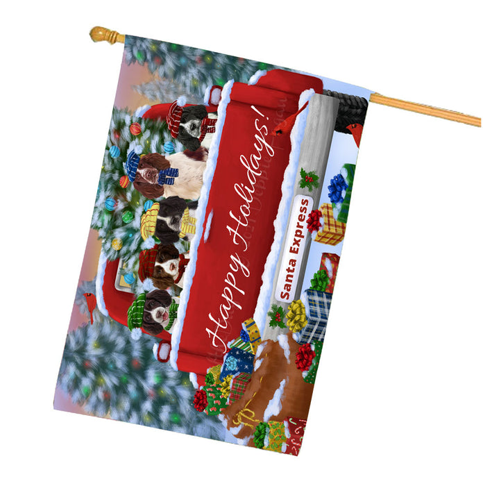 Christmas Red Truck Travlin Home for the Holidays Springer Spaniel Dogs House Flag Outdoor Decorative Double Sided Pet Portrait Weather Resistant Premium Quality Animal Printed Home Decorative Flags 100% Polyester