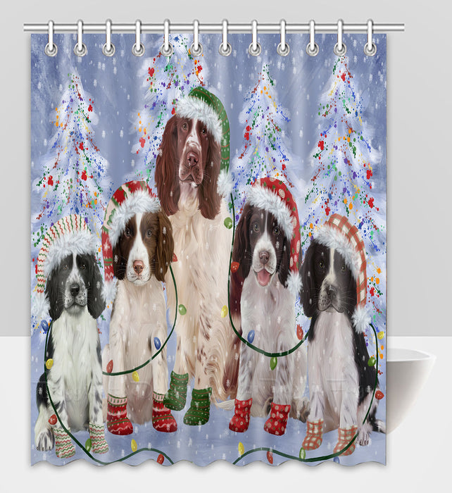 Christmas Lights and Springer Spaniel Dogs Shower Curtain Pet Painting Bathtub Curtain Waterproof Polyester One-Side Printing Decor Bath Tub Curtain for Bathroom with Hooks