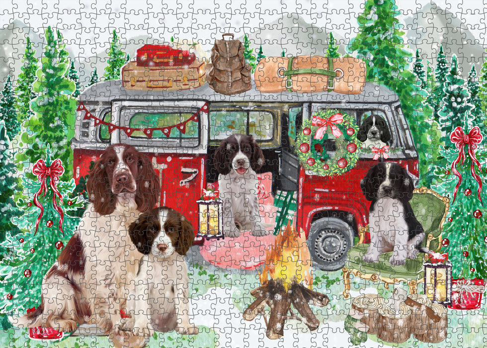 Christmas Time Camping with Springer Spaniel Dogs Portrait Jigsaw Puzzle for Adults Animal Interlocking Puzzle Game Unique Gift for Dog Lover's with Metal Tin Box