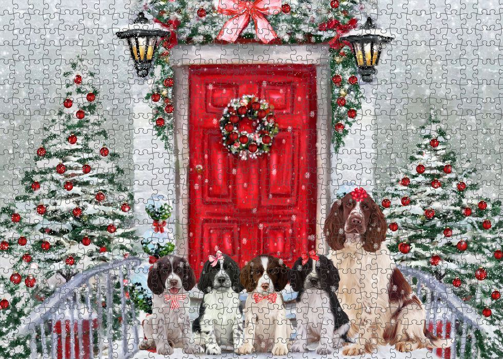 Christmas Holiday Welcome Springer Spaniel Dogs Portrait Jigsaw Puzzle for Adults Animal Interlocking Puzzle Game Unique Gift for Dog Lover's with Metal Tin Box