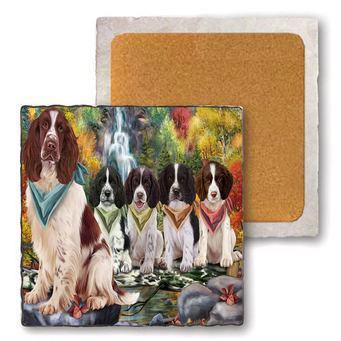 Scenic Waterfall Springer Spaniels Dog Set of 4 Natural Stone Marble Tile Coasters MCST49688