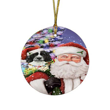 Santa Carrying Springer Spaniel Dog and Christmas Presents Round Flat Christmas Ornament RFPOR55891