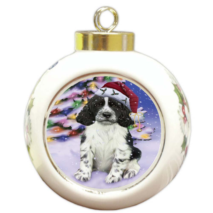 Winterland Wonderland Springer Spaniel Dog In Christmas Holiday Scenic Background Round Ball Christmas Ornament RBPOR56088