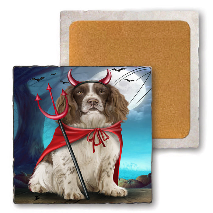 Happy Halloween Trick or Treat Springer Spaniel Dog Set of 4 Natural Stone Marble Tile Coasters MCST49532