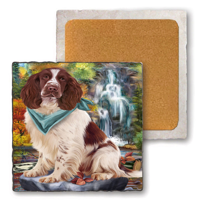 Scenic Waterfall Springer Spaniel Dog Set of 4 Natural Stone Marble Tile Coasters MCST49689