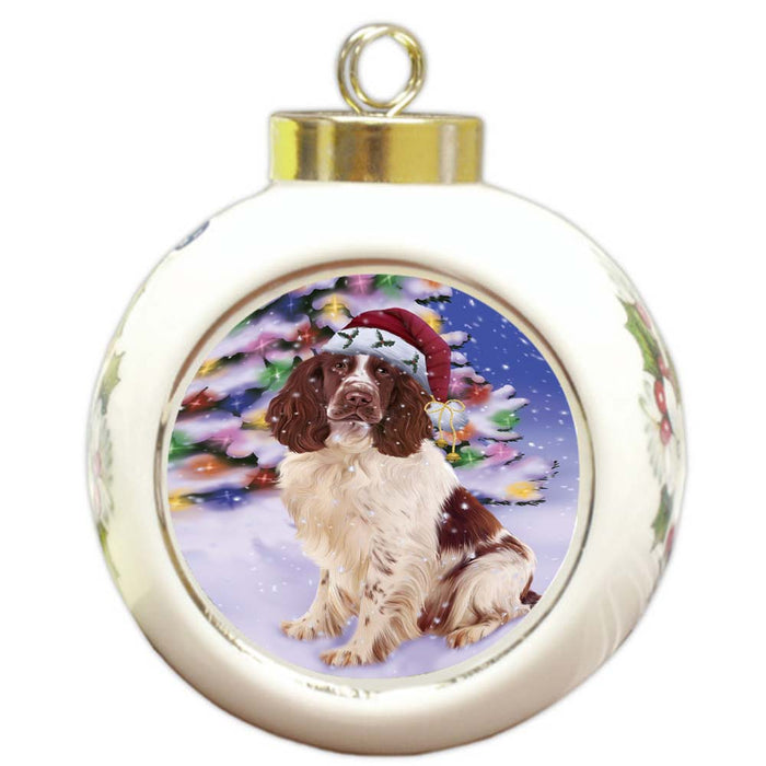 Winterland Wonderland Springer Spaniel Dog In Christmas Holiday Scenic Background Round Ball Christmas Ornament RBPOR56089