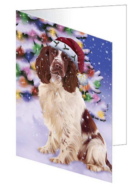 Winterland Wonderland Springer Spaniel Dog In Christmas Holiday Scenic Background Handmade Artwork Assorted Pets Greeting Cards and Note Cards with Envelopes for All Occasions and Holiday Seasons GCD71714