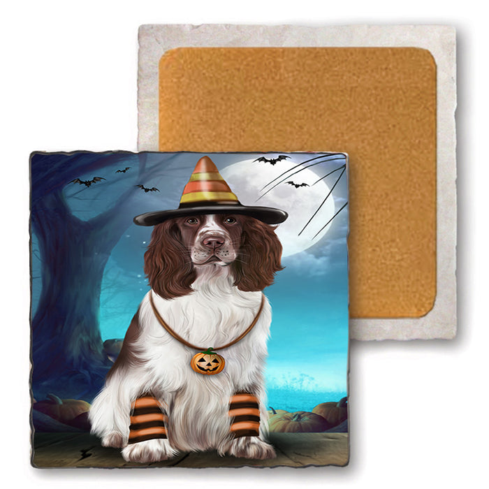 Happy Halloween Trick or Treat Springer Spaniel Dog Set of 4 Natural Stone Marble Tile Coasters MCST49533