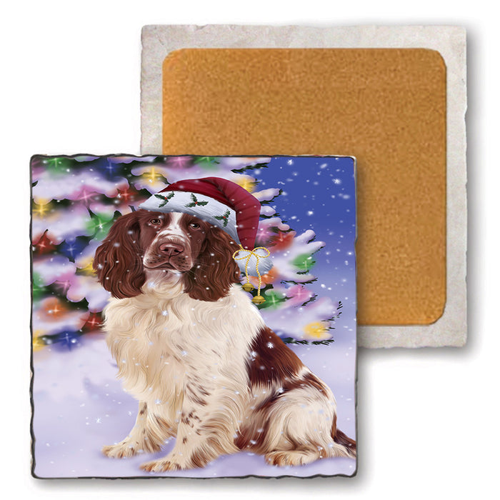 Winterland Wonderland Springer Spaniel Dog In Christmas Holiday Scenic Background Set of 4 Natural Stone Marble Tile Coasters MCST50733