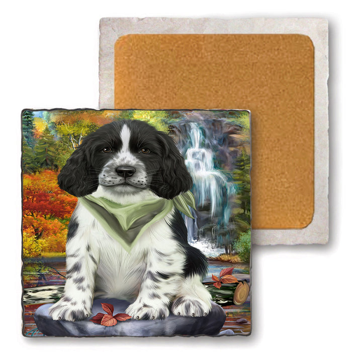 Scenic Waterfall Springer Spaniel Dog Set of 4 Natural Stone Marble Tile Coasters MCST49690