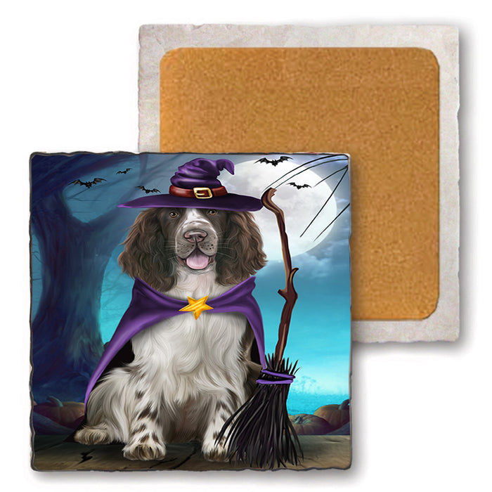 Happy Halloween Trick or Treat Springer Spaniel Dog Set of 4 Natural Stone Marble Tile Coasters MCST49535