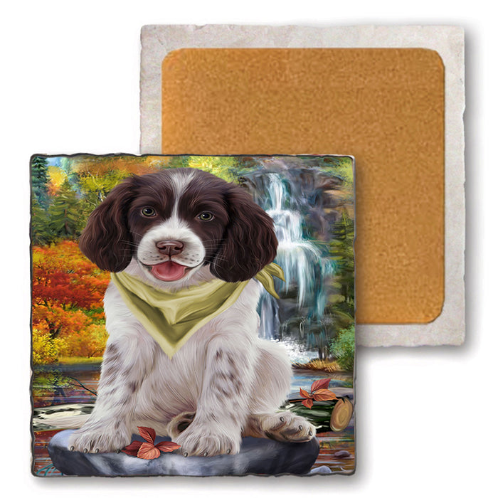Scenic Waterfall Springer Spaniel Dog Set of 4 Natural Stone Marble Tile Coasters MCST49691