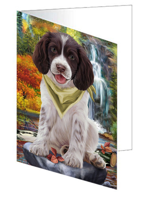 Scenic Waterfall Springer Spaniel Dog Handmade Artwork Assorted Pets Greeting Cards and Note Cards with Envelopes for All Occasions and Holiday Seasons GCD68486