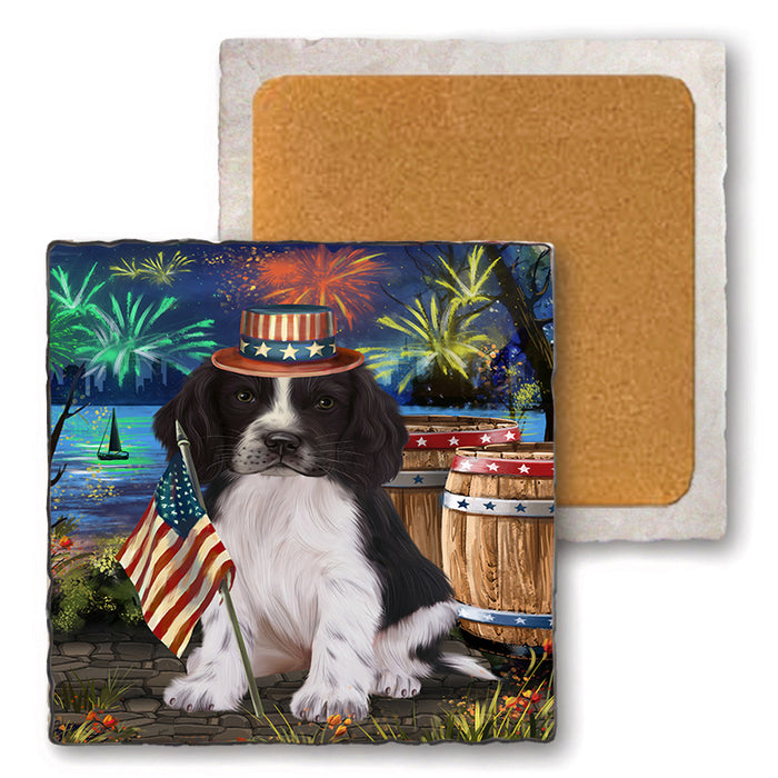 4th of July Independence Day Firework Springer Spaniel Dog Set of 4 Natural Stone Marble Tile Coasters MCST49090