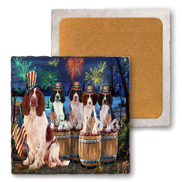 4th of July Independence Day Firework Springer Spaniels Dog Set of 4 Natural Stone Marble Tile Coasters MCST49118