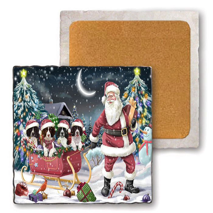 Santa Sled Christmas Happy Holidays Springer Spaniels Dog Set of 4 Natural Stone Marble Tile Coasters MCST49381