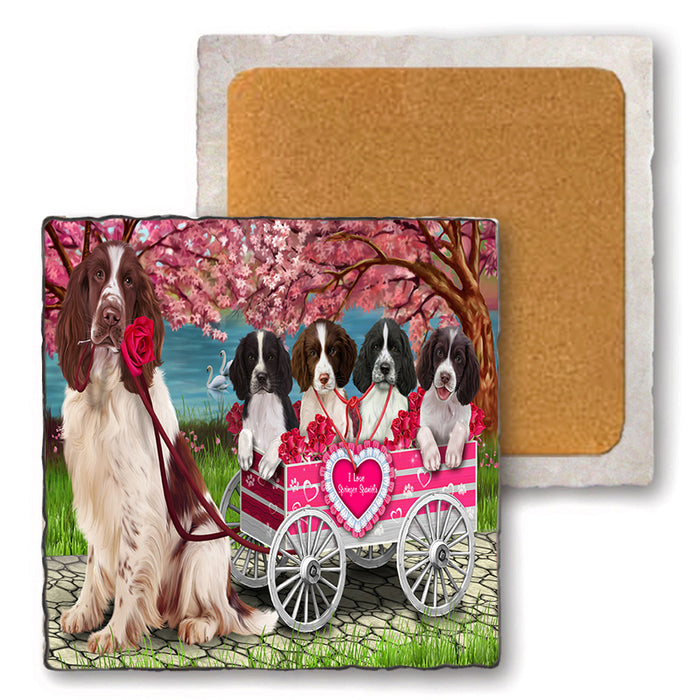 I Love Springer Spaniels Dog in a Cart Set of 4 Natural Stone Marble Tile Coasters MCST49213