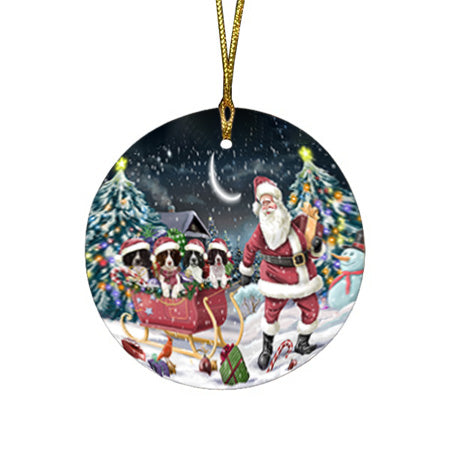 Santa Sled Christmas Happy Holidays Springer Spaniels Dog Round Flat Christmas Ornament RFPOR54372